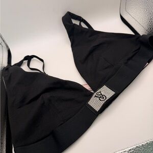 Victoria's Secret Black Cotton Wireless Plunge Bralette with logo VS
